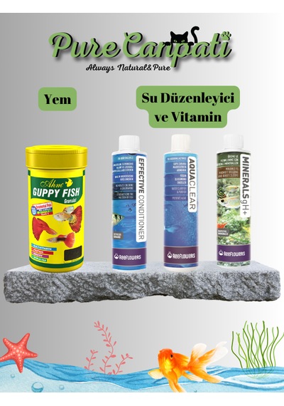 Purecanpati Akvaryum Su Düzenleyici Ve Vitamin Seti + Balık Yemi
