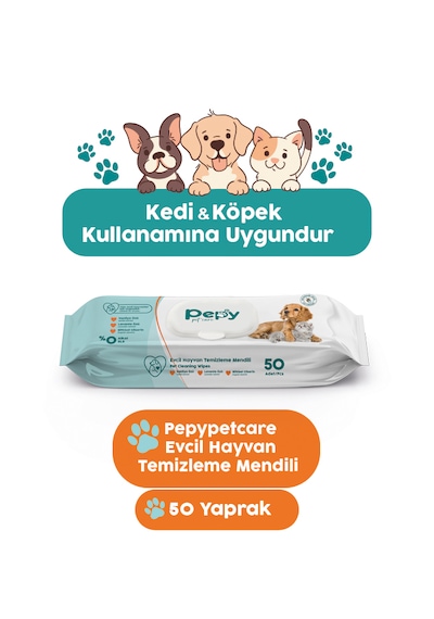 Pepy Kedi Ve Köpek Kullanımına Uygun Evcil Hayvan Temizleme Mendili 1 Paket 50 Adet