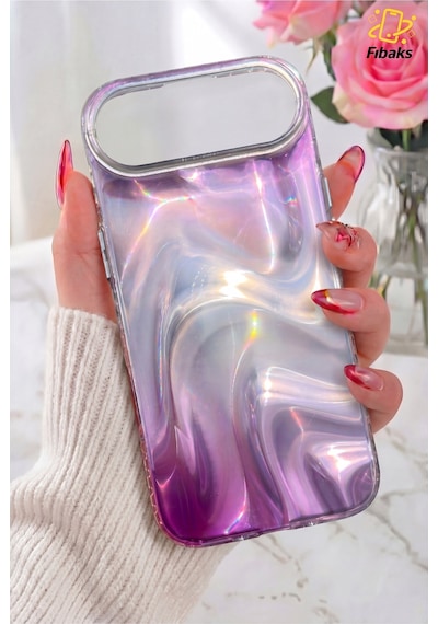 Fibaks iPhone 17 Air Uyumlu Kılıf Rüya Shine Saten Dokulu Renk Geçişli Hologram Efektli 3d Baskılı Silikon