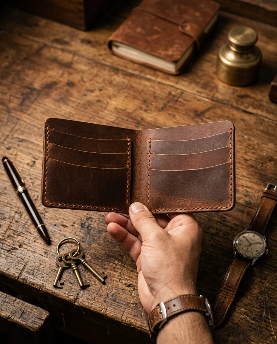 Natderi %100 Hakiki Deri Vintage Erkek Cüzdan - Kahverengi El Dikişi Klasik Model Cüzdan Taba