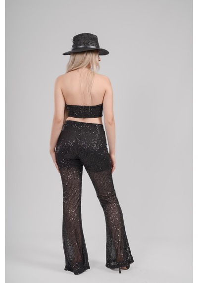 Mayrem Pul Payet Straplez Crop & İspanyol Paça Set Takım Siyah