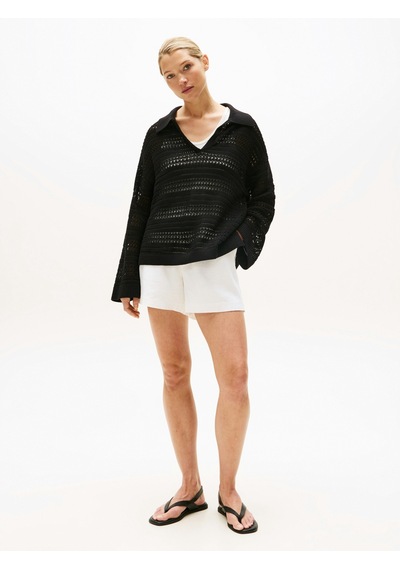 Tommy Hilfiger Crochet Rlx Ls Polo Swt Kadın Siyah Kazak - Ww0ww46524 Siyah