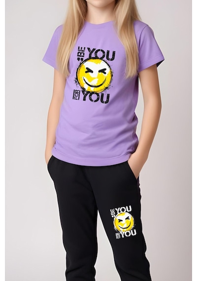 Panios Kids Be You Emoji Baskılı Kız Çocuk Tişört Ve Eşofman Alt-üst Takım Lila