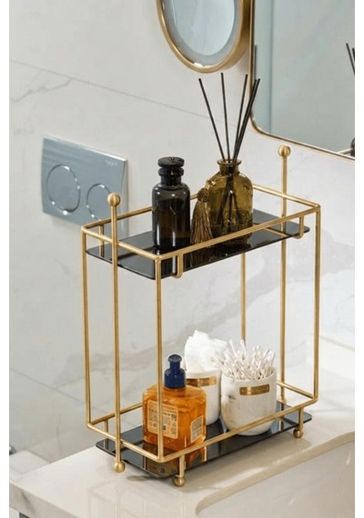 Gold 2 Katlı Dikdörtgen Metal Banyo Organizeri, Ayna Pleksili Tezgah Üstü Düzenleyici 32,6x16,3x34 Cm