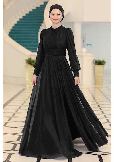 Raika Moda Şık Tasarım Tül Kübra Abiye Siyah