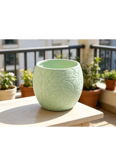 3d Baskı Yapraklı Desenli Yuvarlak Saksı Tepsili Süzdürmeli Bitki Saksısı 15 Cm Dekoratif Çiçek - Yeşil Diğer