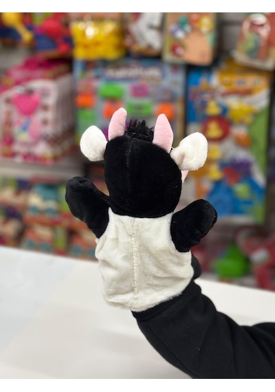 Peluş 25 Cm El Kuklası Siyah Beyaz İnek Kukla Çok Renkli