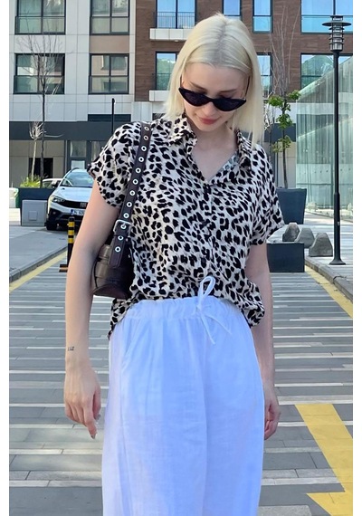 Madmext Ekru Leopar Desenli Kısa Kollu Kadın Gömlek Mg2098-ekru Ekru