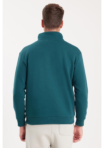 Tudors Unisex Relax Fit Rahat Kesim Pamuklu İçi Polarlı Yarım Fermuarlı Yeşil Dik Yaka Sweatshirt-35163 Yeşil