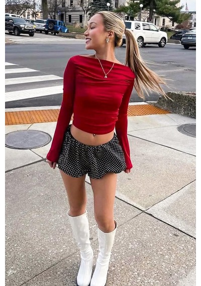 Seeh Kırmızı Kayık Yaka Büzgülü Kadın Body Sh225