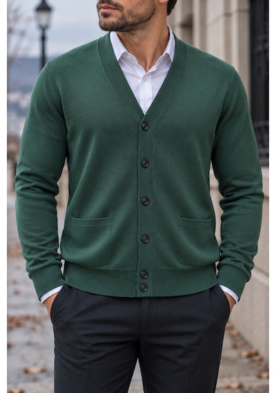 Beyome Erkek Cotton V Yaka Düğmeli Hırka-süveter Yandan Cepli Triko Günlük Şık Rahat Kesim Yeşil
