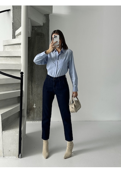 Blue Marlin Pileli Kuşaklı Mom Jeans Lacivert
