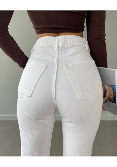 Viking S Line Mom Jean Likralı Beyaz Yüksek Bel Kot Pantolon İç Göstermez Beyaz