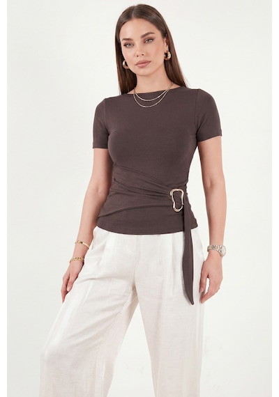Lela Toka Detaylı Fitted Fit Kayık Yaka Bluz Bayan Bluz 5862707 Kahve