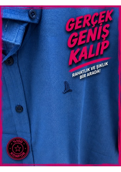 Annex Büyük Beden Pamuklu Kısa Kollu Erkek Gömlek İndigo