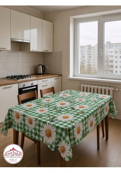 Masa Örtüsü 150x170 Cm Yeşil Kareli Papatya Beyaz