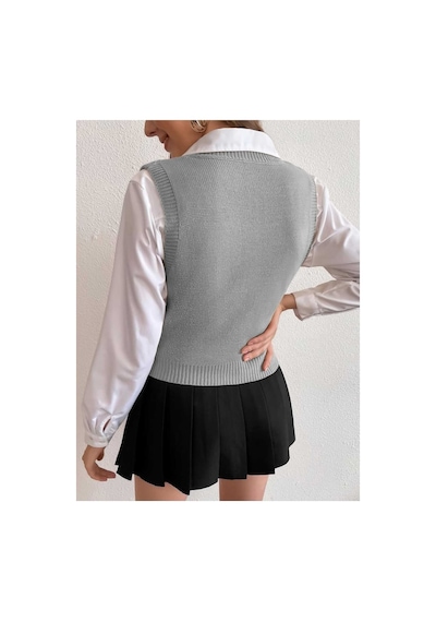 Youknitwear You Cameron %100 Pamuk V Yaka Kadın Süveter Gri