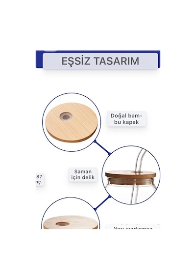 Bambu Kapaklı 2 Li Cam Bardak Seti - 300ml Isıya Dayanıklı Cam Pipetli Ve Fırçalı Şeffaf
