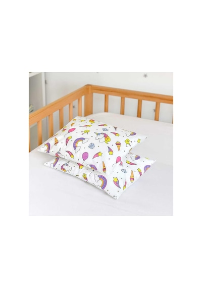 Bebek Özel%100 Pamuklu Bebek Çocuk Yastık Kılıfı 35x45 Cm, Beyaz Unicorn Pembe Desenli, 2 Adet Çok Renkli