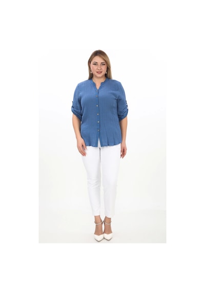 Lady Majestic %100 Cotton Hakim Yaka Büyük Beden Kadın Müslim Kumaş Gömlek Mavi