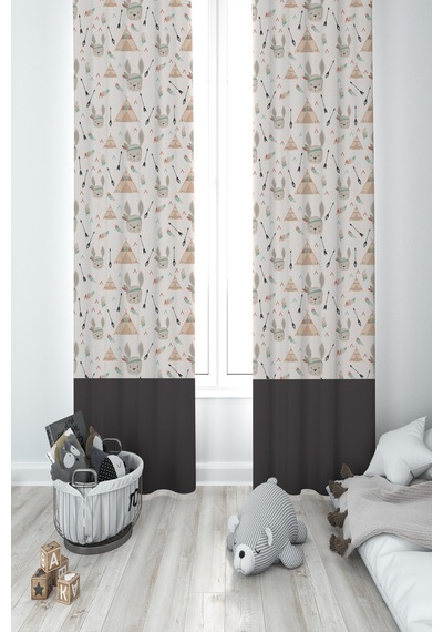 Mekta Home Bebek Ve Çocuk Odası Tavşan Ve Çadır Deseli 2 Kanat Fon Perde