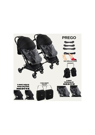 Prego Yan Yana Birleştirmeli Kabin Boy İkiz Bebek Arabası Ayak Örtüsü + Yağmurluk +taşıma Çanatası Siyah