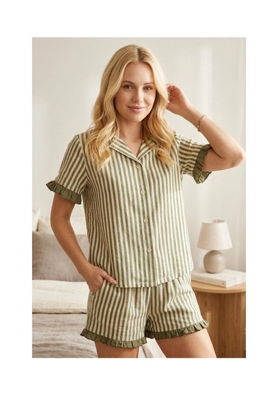 Fit Women Fırfır Detaylı Bürümcük Kumaşlı Düğmeli Kısa Şortlu Pijama Takımı 6021 Çok Renkli