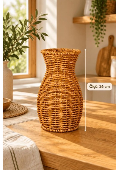 Atbyhome Doğal Hasır Rattan Çiçek Vazosu 26 Cm - Masa Üstü Dekoratif El Örgüsü Kuru Çiçeklik Ve Saksı Kahverengi