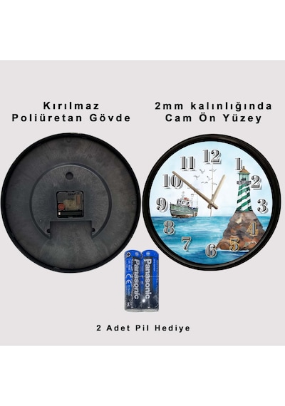 Deniz Feneri Ve Balıkçı Teknesi Temalı Dekoratif Duvar Saati 28 Cm Sessiz Mekanizma Çok Renkli