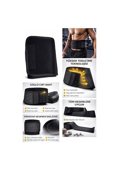 Termal Sauna Kemer, Neopren Malzeme, Bel Ve Göbek Eritme, Ayarlanabilir Beden, 60-115 Cm, Siyah