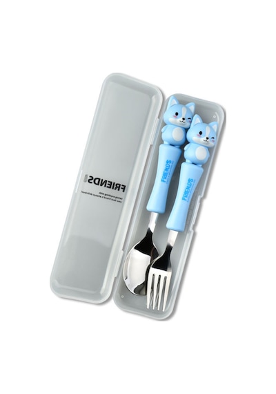 Mavi Renk Kedi Figürlü Premium Çocuk Bpa Free Paslanmaz Çelik Uçlu Çatal-kaşık Set 24+ Ay