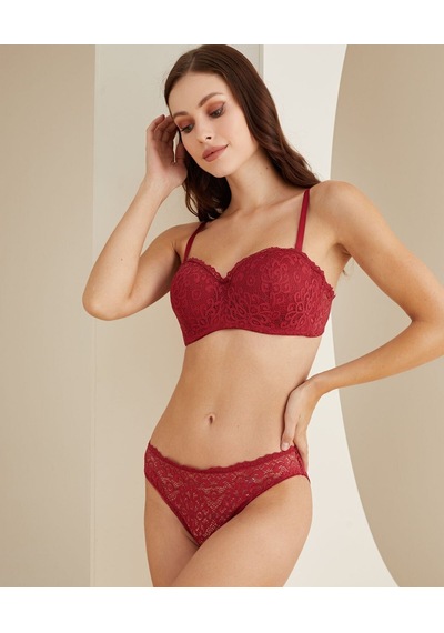 Desteksiz Balenli Dantelli Cuplı Lotus Günlük Sütyen Takım -4817 Bordo