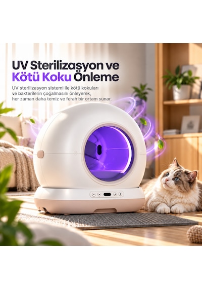 Haustier Cb002 Bej Kameralı Akıllı Otomatik Kedi Tuvaleti, App İle Uzaktan Kontrol, 72lt Hazne, 7lt Çöp Haznesi