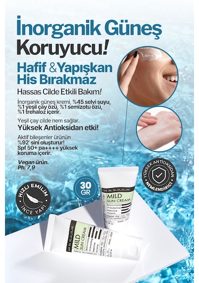 Derma Factory Hassas Ciltler İçin Hafif Dokulu Vegan Güneş Kremi Derma Factory Mild Sun Cream SPF 50+ PA++++ 30ml