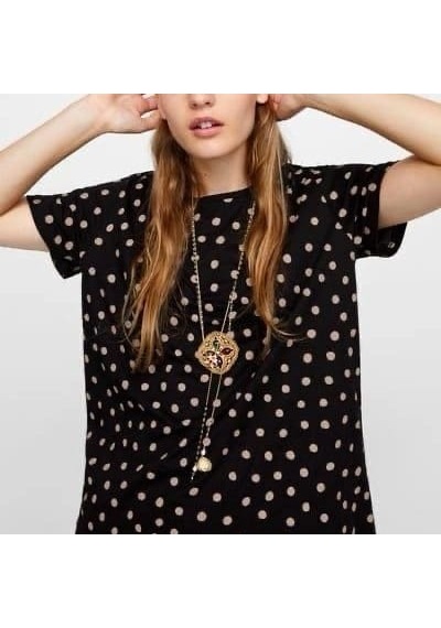 Escbutik Kadın Oversize Geniş Kalıp Puantiyeli Tişört T-shirt SIYAH