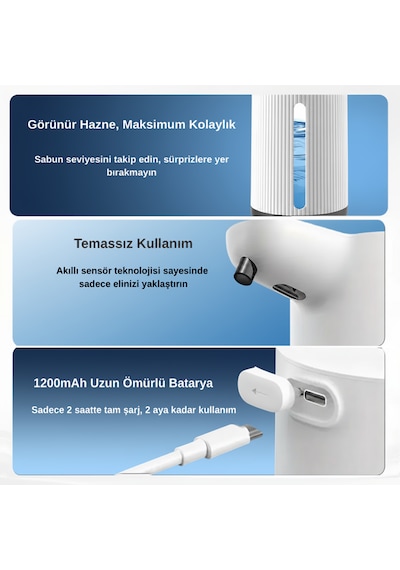 Evo House Otomatik Sensörlü Köpük Sıvı Sabunluk - Şarjlı- Dijital Led Ekran - Duvara Monte - E15 Model Beyaz