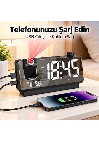 Valkyrie Projeksiyonlu Dijital Alarm Saat Dahili Bataryalı Led Ekranlı Usb Şarj Çıkışlı Siyah