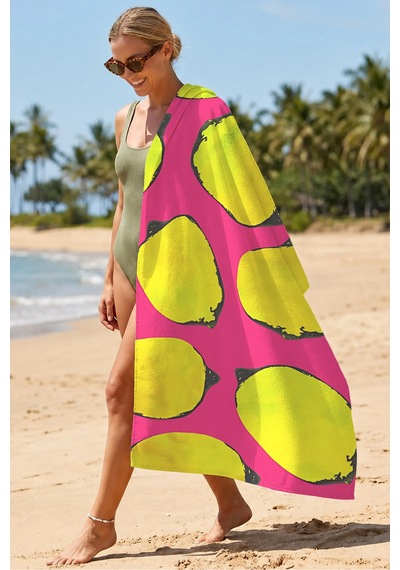 Limon Temalı Fuşya Sarı Plaj Havlusu - Tropikal Pop Art Havuz Deniz Hızlı Kuruyan Mikrofiber Havlu Çok Renkli