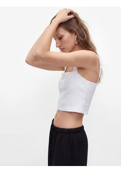 Koton Kare Yaka Düğme Detaylı Kalın Askılı Keten Karışımlı Crop Bluz Beyaz 6sak30103uw