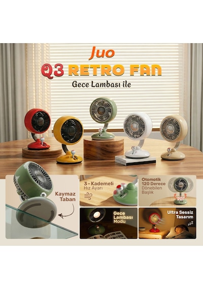 Juo Q3 Şarjlı Masaüstü Fan Led Işıklı Taşınabilir Mini Vantilatör 3 Kademeli Retro Sarı