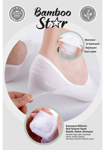 Bamboo Star Bambu Erkek Babet 3 Siyah 3 Beyaz Çorap Dikişsiz Görünmez Kaydırmaz Topuk Silikonlu Premium 6'lı Paket Siyah - Beyaz
