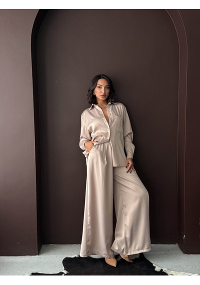 Verymoda Yüksek Bel Bol Paça Saten Pantolon Şık Ve Rahat Tasarım F2052 Taş