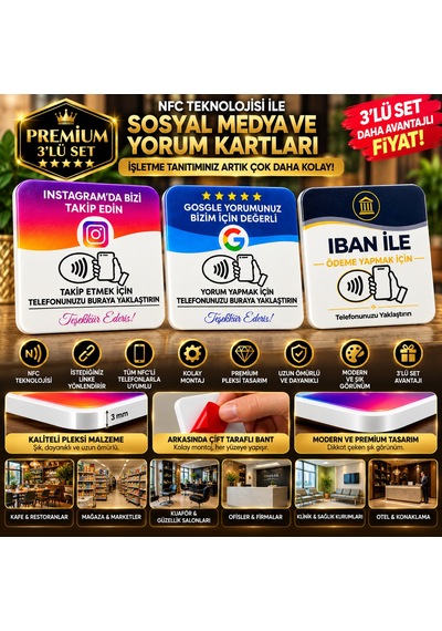3'lü Premium Nfc Kart Seti Instagram Takip Google Yorum Ve Banka Ödeme Kartı Tanıtım Pleksi Kartlar