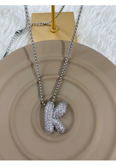 Premium Gümüş Renk 316l Çelik Parlak Taşlı Şık "k" Harf Kolye 60cm