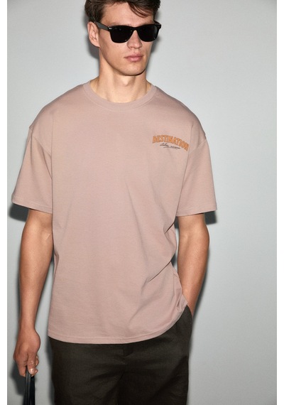 Grımelange Espada Erkek %100 Organik Pamuklu Yuvarlak Yakalı Baskı Detaylı Pudra T-shirt