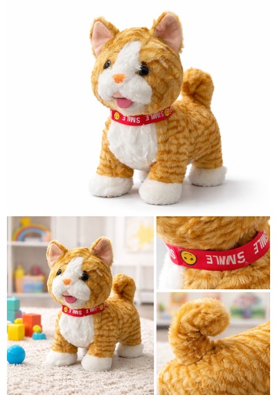 Tasmalı Sevimli Yürüyen Peluş Kedi Sarı