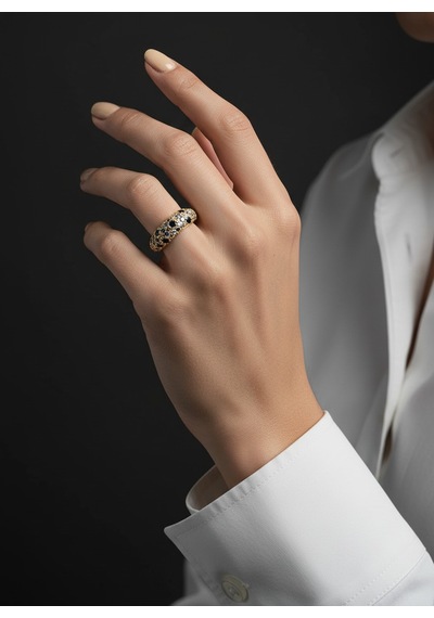 Valmont Accessories Kadın Gold Renk Lacivert Ve Beyaz Taşlı Bombeli Yüzük