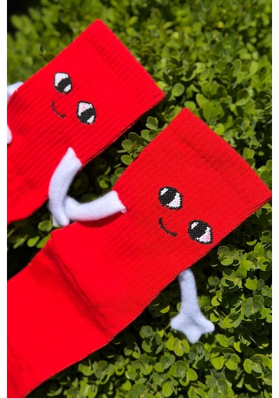 Lousocks Unisex Kırmızı Elele Tutuşan - Halay Çeken Çorap 1 Çift - Sevimli Yüz İfadeli Soket Çorap