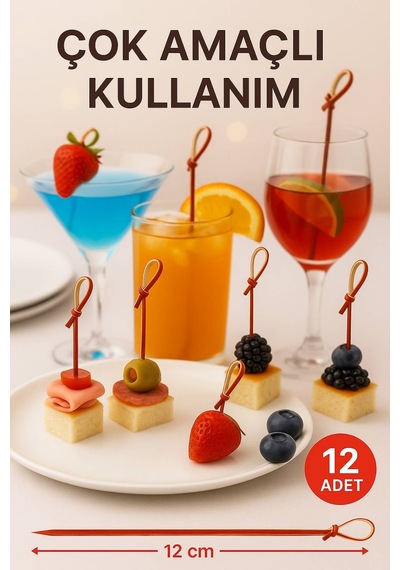 Düğümlü Kırmızı Bambu Kürdan 12 Cm, Şık Davet Ve Kokteyl Sunum Çubuğu 50 Li Paket