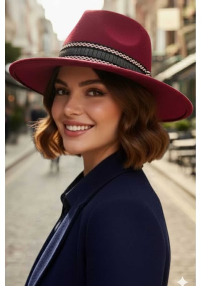 Uniquetrenders Kadın Geniş Kenarlı Bohem Tarz Şeritli Fedora Kaşe Şapka Bordo
